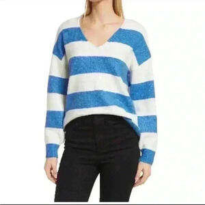 Vince Camuto Stripe V-Neck Sweater in Palace Blue Size Small NWT